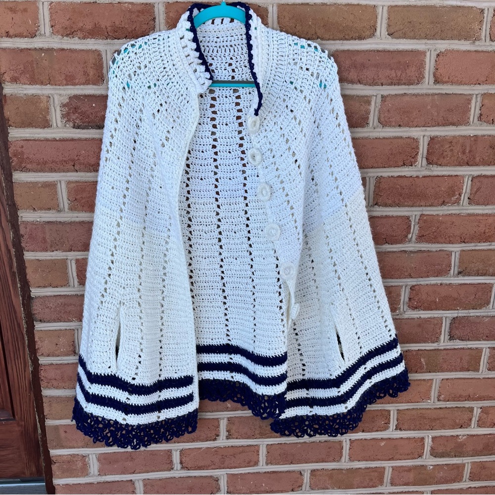 Handmade cape. Blue and white with buttons